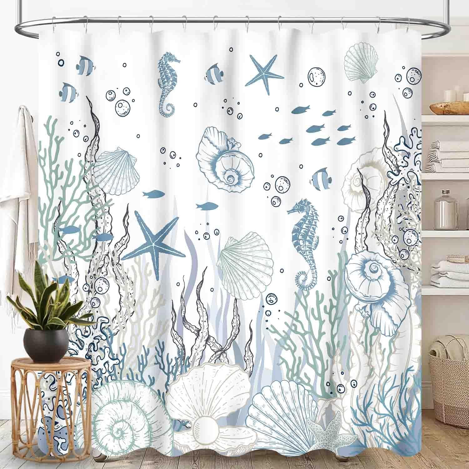 Nautical Coastal Shower Curtains, Summer Seahorse Starfish Coral Ocean ...