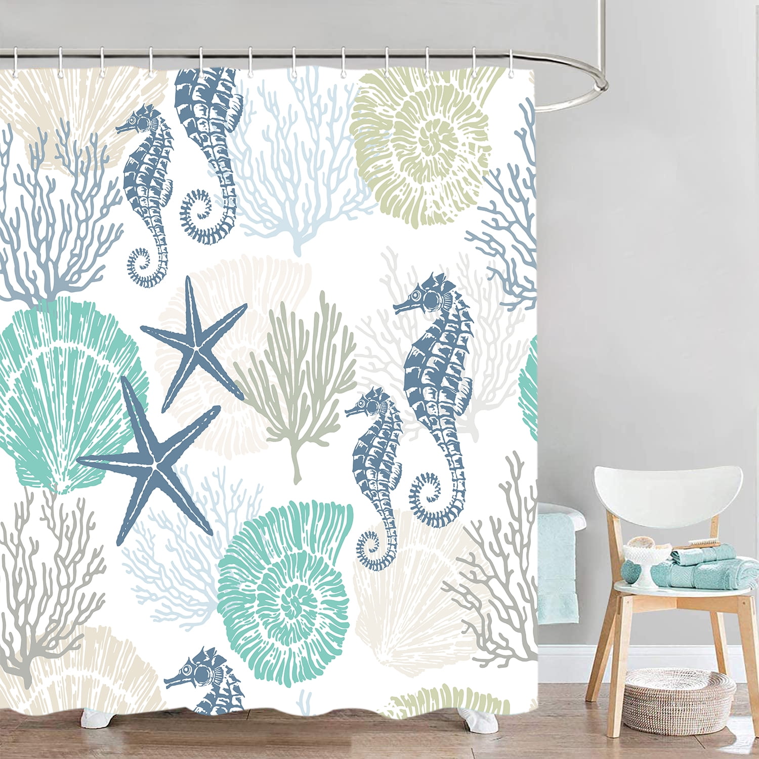 Nautical Coastal Shower Curtains, Waterproof Fabric Starfish Coral Seahorse Conch Ocean Themed Bath Curtain, Tropical Marine Animal Decor for Bathroom With Hooks 48X70in