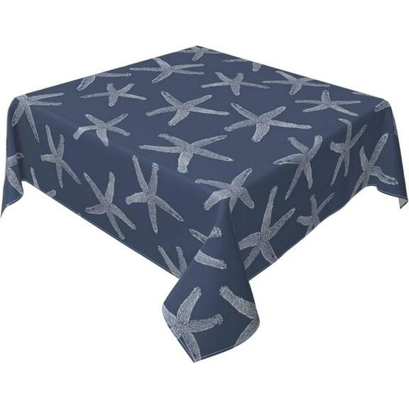 Nautical Coastal Square Tablecloth 60x60 Inch Navy Blue Starfish Table Cloth, Summer Beach Ocean Decoration, Stain Resistance Polyester, Ideal for Parties Picnic Kitchen Decor Outdoor