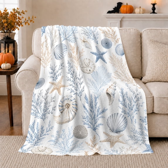 Nautical Coastal Starfish Seashell Coral Pattern, Peaceful Coastal Landscape Scene, Warm Flannel Blanket for Beach House and Living Room, Beach Lovers Housewarming Gift, Coastal Home Decor