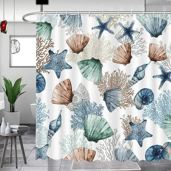 Nautical Coastal Starfish Seashell Shower Curtain - 72x72 Inch Beach Bathroom Decor Washable Durable Fabric Elegant Bath Curtains Set Includes Hooks