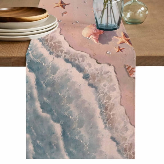 Nautical Coastal Table Runner 36 Inches, Summer Beach Waves Starfish Conch Pearl Pink Bed Runner Dresser Scarves Tabletop for Indoor Outdoor Parties/Ceremony/Banquet, 13"x 36"