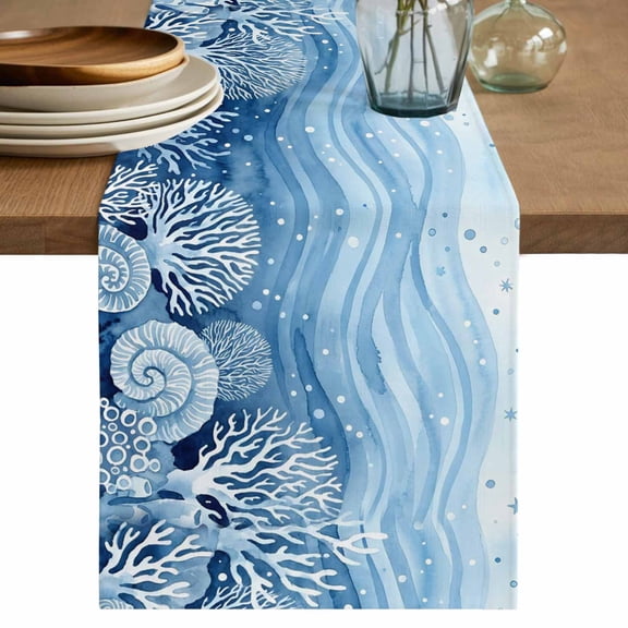 Nautical Coastal Table Runner 36 Inches, Summer Ocean Marine Corals Couch Waves Blue Bed Runner Dresser Scarves Tabletop for Indoor Outdoor Parties/Ceremony/Banquet, 13"x 36"