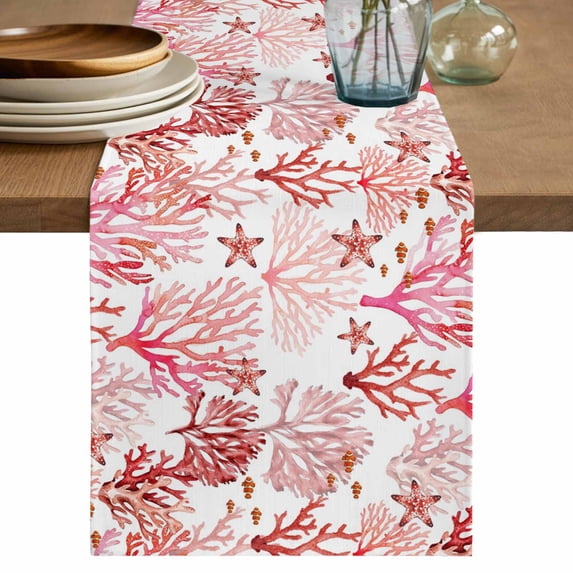 Nautical Coastal Table Runner 70 Inches, Summer Sea Coral Starfish Underwater Red Bed Runner Dresser Scarves Tabletop for Indoor Outdoor Parties/Ceremony/Banquet, 13" x 70"