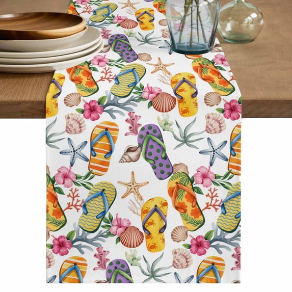 Nautical Coastal Table Runner 70 Inches, Watercolor Ocean Slippers Starfish Coral Shell Bed Runner Dresser Scarves Tabletop for Indoor Outdoor Parties/Ceremony/Banquet, 13" x 70"