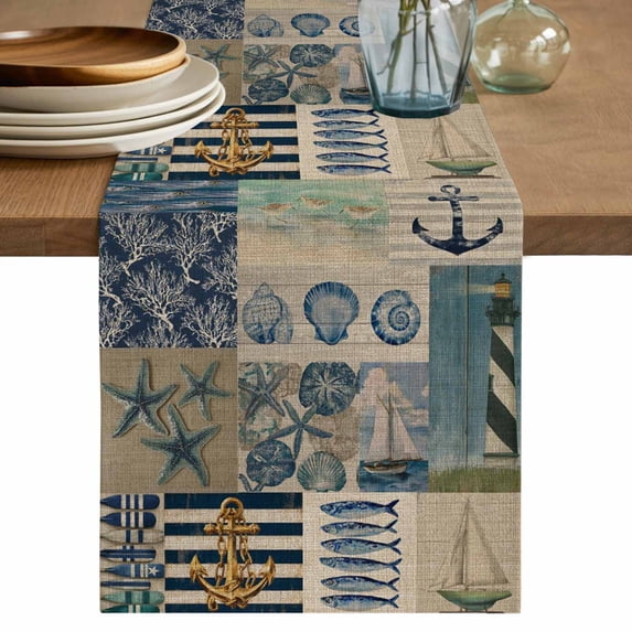 Nautical Coastal Table Runner 72 Inches, Vintage Sea Anchor Boat Underwater World Beige Bed Runner Dresser Scarves Tabletop for Indoor Outdoor Parties/Ceremony/Banquet, 18" x 72"