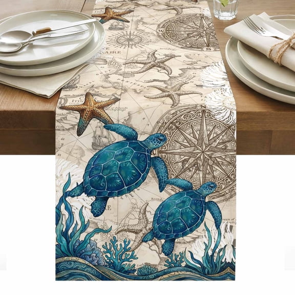 Nautical Coastal Table Runner Retro Marine Life Turtle Map Compass Beige Tablerunners 13 x 36 Inch, Table Decorations Tabletop Scarf for Summer Gathering Holiday Farmhouse Kitchen Dining Decor