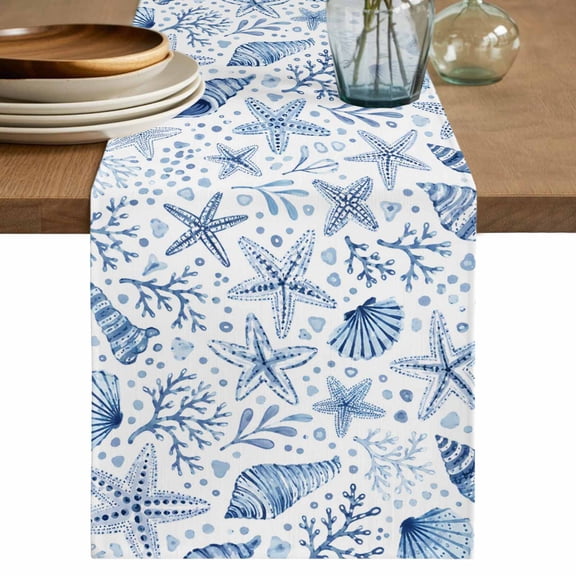 Nautical Coastal Table Runner, Tropical Ocean Coral Starfish Conch Blue Washable Cotton Linen Table Runners 36 Inches Long, Dresser Scarf Runner for Nightstand/End Tables/Round Tables 13''x36''