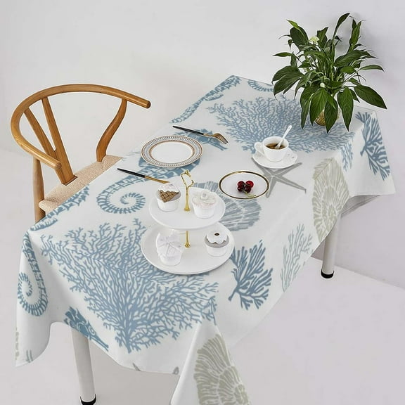 Nautical Coastal Tablecloth, Beach Ocean Sea Shells Stars Seahorse and Coral Print Table Cloth for Kitchen Dining Room Indoor and Outdoor Picnic Party, Rectangle(60x102in)