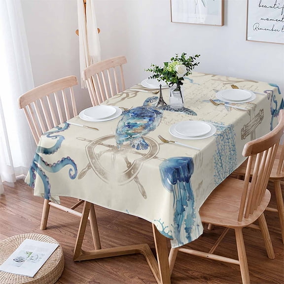 Nautical Coastal Tablecloth Rectangle Table Cloth 60x102 , Waterproof Tablecloth Outdoor Table Cloth, Vintage Beach Octopus Turtle Jellyfish Washable Table Cover for Kitchen Dining Party