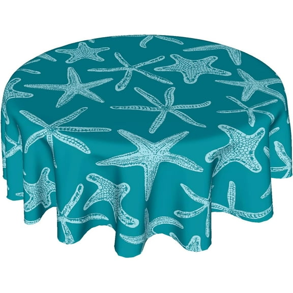 Nautical Coastal Tablecloth Round 60 Inch Rustic Teal Turquoise Starfish Ocean Table Cloth Wrinkle Resistant Summer Sea Beach Table Cover Decorative for Home Kitchen Dining Indoor Party Picnic