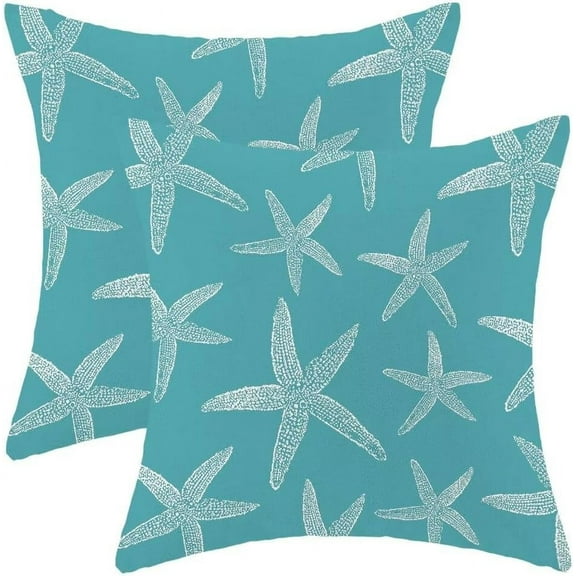 Nautical Coastal Throw Pillow Cover 18X18 Inch Pack of 2,Summer Aqua Teal Turquoise Starfish Decorative Pillow Covers Square Beach Ocean Pillow Cases Cushion for Couch Sofa Home Decor