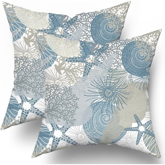 Nautical Coastal Throw Pillow Covers 16X16 Inch Set of 2 Ocean Seashell Coral Starfish Decorative Pillow Cases Summer Beach Blue Gray Beige Pillow Covers Modern Home Decor For Living Room Couch