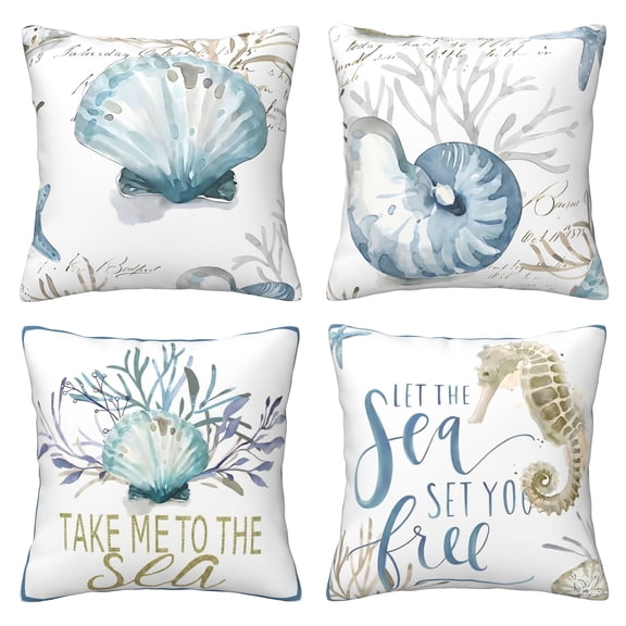 Nautical Coastal Throw Pillow Covers 16x16 Set of 4 Ocean Themed Beach Seashell Coral Starfish Pillows Case Soft Velvet Cushion Covers for Outdoor Sofa Home Decor