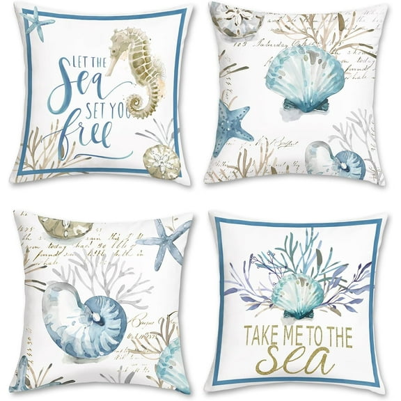 Nautical Coastal Throw Pillow Covers 16x16 Set of 4 Ocean Themed Beach Seashell Coral Starfish Pillows Case Soft Velvet Cushion Covers for Outdoor Sofa Home Decor