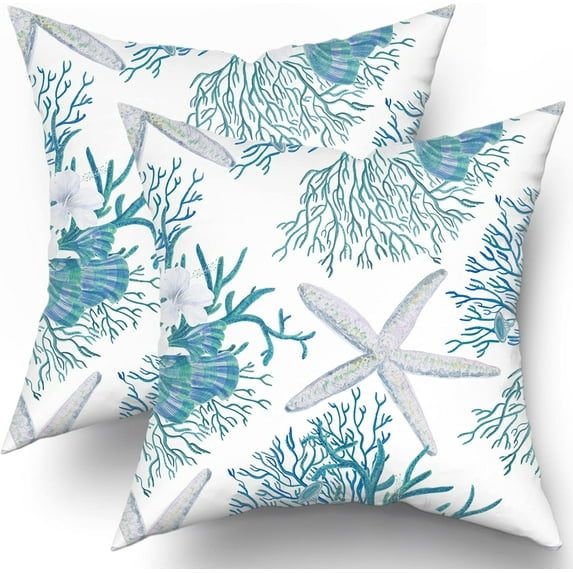 Nautical Coastal Throw Pillow Covers 18"x18" Set of 2 Beach Theme Blue Seashell Coral Starfish Pillow Cover Cotton Summer Couch Pillow Cases Outdoor Sofa Cushion Cover Modern Decor for Bed Living Room