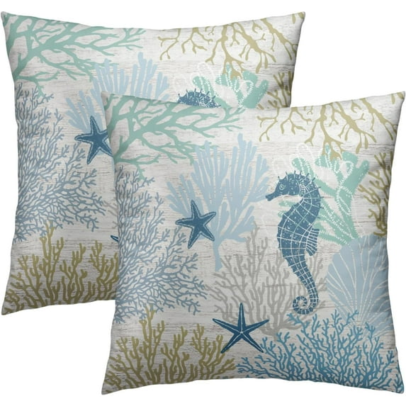 Nautical Coastal Throw Pillow Covers 18X18 Inch Set of 2 Ocean Seahorse Decorative Pillow Cushion Cases for Sofa Couch Bedroom Home Decor