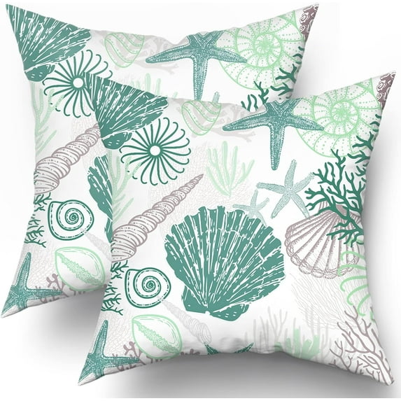Nautical Coastal Throw Pillow Covers 18x18 Inch Seashell Starfish Coral Pillow Covers Summer Green Ocean Pillow Cases Beach Square Cotton Cushion Cover for Couch Bedroom Sofa Home Decor (Pack of 2)