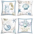 thumbnail image 1 of Nautical Coastal Throw Pillow Covers 18x18 Set of 4 Ocean Themed Beach Seashell Coral Starfish Pillows Case Soft Velvet Cushion Covers for Outdoor Sofa Home Decor, 1 of 6
