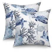 Nautical Coastal Throw Pillow Covers 18x18 Set of 2,Beach Themed Ocean Coral Sea Turtle Pillowcases for Sofa Couch Living Room
