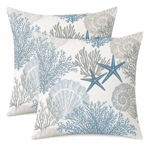 Nautical Coastal Throw Pillow Covers 20x20 Set of 2 Beach Themed Ocean Seashell Coral Starfish Velvet Couch Decorative Pillow Cases Outdoor Sofa Cushion Cover for Bedroom Living Room, Blue