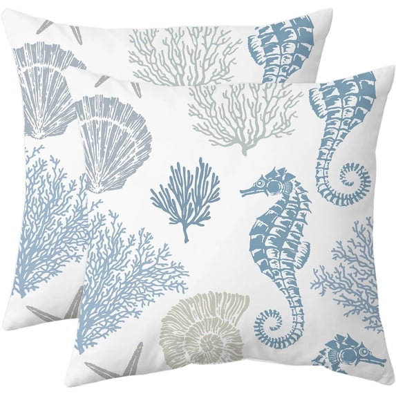 Nautical Coastal Throw Pillow Covers Set of 2 Beach Themed Ocean Coral Seahorse Decorative Pillow Cases Outdoor Sofa Cushion Cover for Bedroom Living Room, 20x20, Blue