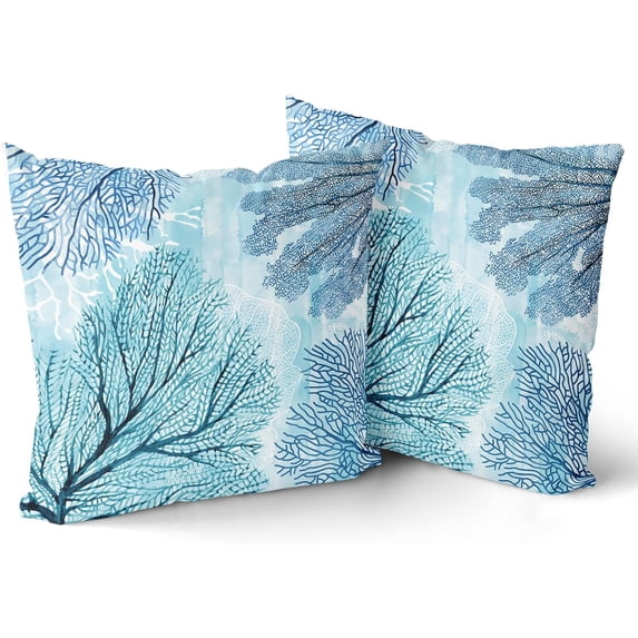 Nautical Coastal Throw Pillow Covers - Set of 2 Ocean Themed Beach Pillow Case Watercolor Teal Blue Coral Cushion Cover Decorative Square Pillowcases for Couch Sofa Car Home Decor 18 x 18 Inch