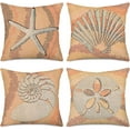 thumbnail image 1 of Nautical Coastal Throw Pillow Covers Set of 4 Ocean Theme Beach Starfish Seashell Conch Sand Dollars Linen Square Pillow Cases Outdoor Sofa Cushion Cover for Bed Living Room, 18" x 18", 1 of 5