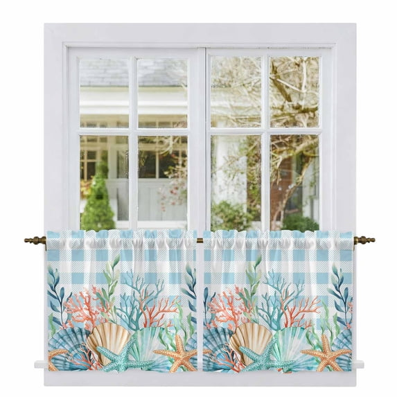 Nautical Coastal Tier Curtains 24 Inch Length, Summer Beach Shell Coral Seaweed Blue Plaid Cafe Short Curtains for Bathroom Sink, Small Kitchen Curtain Light Filtering Drapes 2 Panels 27.5"Wx24"L
