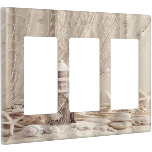 Nautical Coastal Triple Rocker Light Switch Covers Seashell Fishing Net Ocean Lighthouse Starfish 3 Gang Outlet Wall Plate Cover Decorative Switchplate Faceplate GFCI Beach Theme Decor