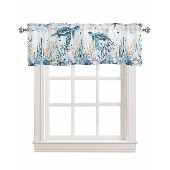 Nautical Coastal Turtle Linen Curtain Valance for Bedroom/Bathroom/Kitchen/Office/Living/Dining Room Window,Coral Starfish Seashell Seahorse Rod Pocket Topper Decorative Cafe Drapes Panel 42"x12"