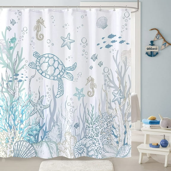 Nautical Coastal Turtle Shower Curtain, Coral Starfish Seashell Ocean Themed Bathroom Curtain, Underwater Seahorse Bathroom Decor Blue 72 x 72 inch