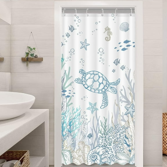 Nautical Coastal Turtle Shower Curtain, Coral Starfish Seashell Ocean Themed Bathroom Curtain, Underwater Seahorse Bathroom Decor Blue Hookless 36 x 72 inch
