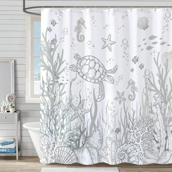 Nautical Coastal Turtle Shower Curtain, Coral Starfish Seashell Ocean Themed Bathroom Curtain, Underwater Seahorse Bathroom Decor Grey 72 x 72 inch