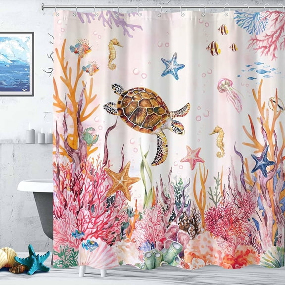 Nautical Coastal Turtle Shower Curtain, Pink Coral Starfish Seashell Ocean Themed Underwater Seahorse Girl Bathroom Decor, 72x72 inch