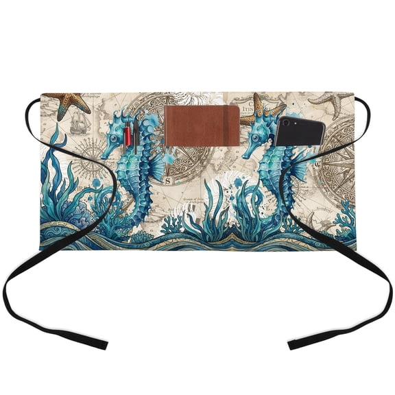 Nautical Coastal Waitress Apron with 3 Pockets, Retro Marine Life Seahorse Compass Map Beige Server Aprons Waterproof Kitchen Restaurant Half Waist Apron for Men Women