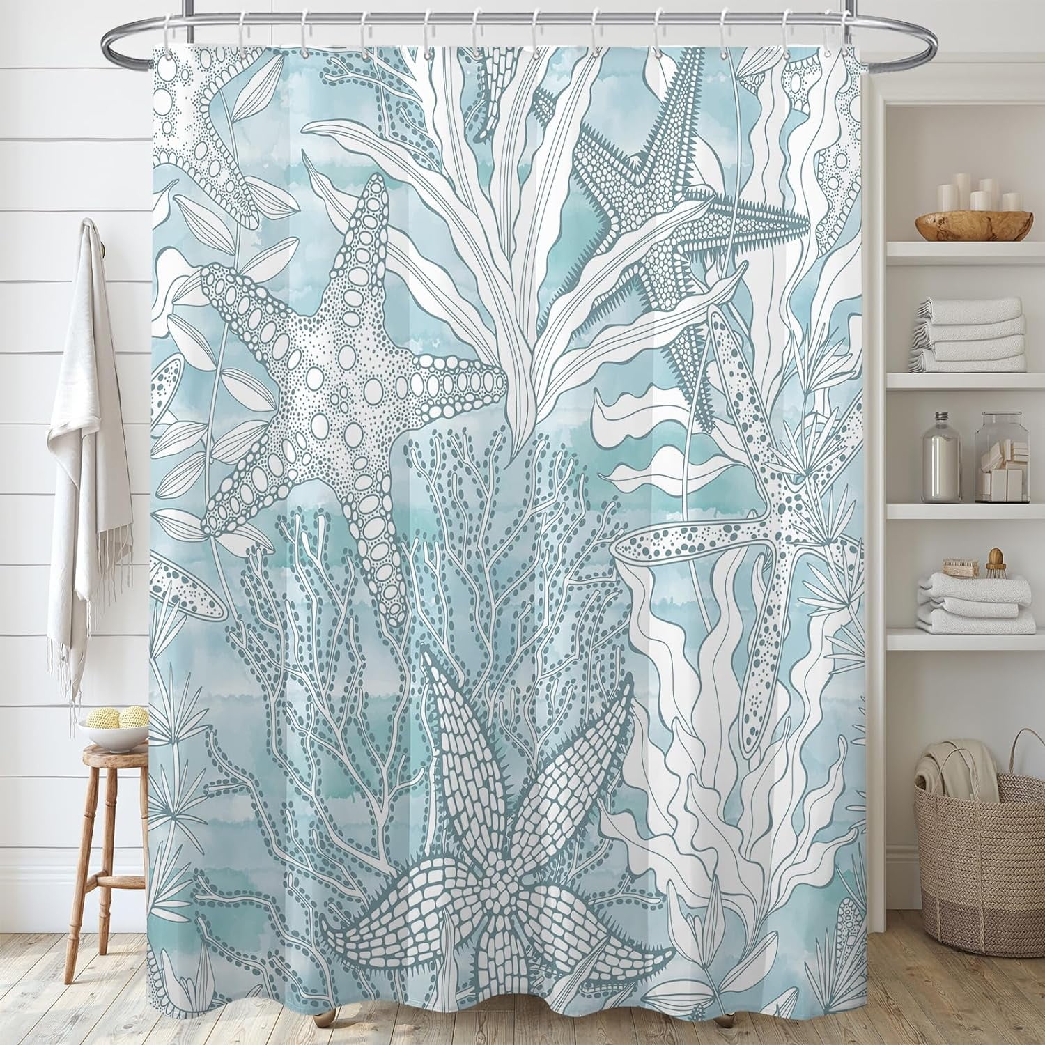 Nautical Coastal Waterproof Fabric Shower Curtain, Starfish Seashell ...