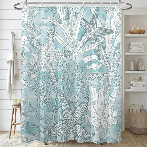 Nautical Coastal Waterproof Fabric Shower Curtain, Starfish Seashell Coral Beach Themed Bath Curtain Blue Ocean Shower Curtains for Bathroom with 12 Hooks 72x72 Inches