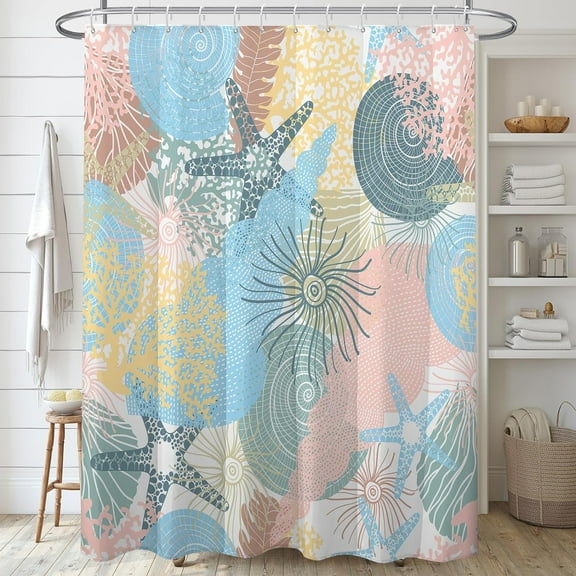 Nautical Coastal Waterproof Fabric Shower Curtain, Starfish Seashell Coral Beach Themed Bath Curtain Blue Pink Ocean Shower Curtains for Bathroom with 12 Hooks 72x72 Inches