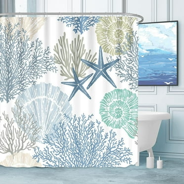 Nautical Coastal Waterproof Fabric Shower Curtain Starfish Seashell Coral Beach Themed Bath Curtain Ocean Shower Curtains for Bathroom with 12 Hooks, 72x72, Blue