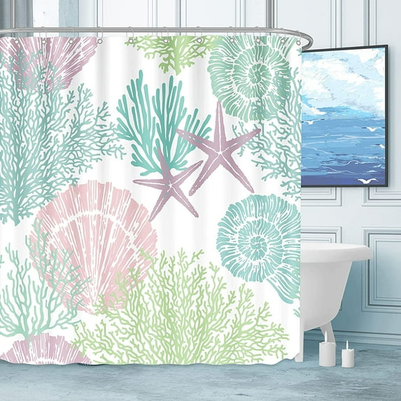 Nautical Coastal Waterproof Fabric Shower Curtains Decorative Starfish Seashell Coral Beach Bath Curtain Ocean Themed Underwater Marine Decor for Bathroom with 12 Hooks, 72 x 72, Blue