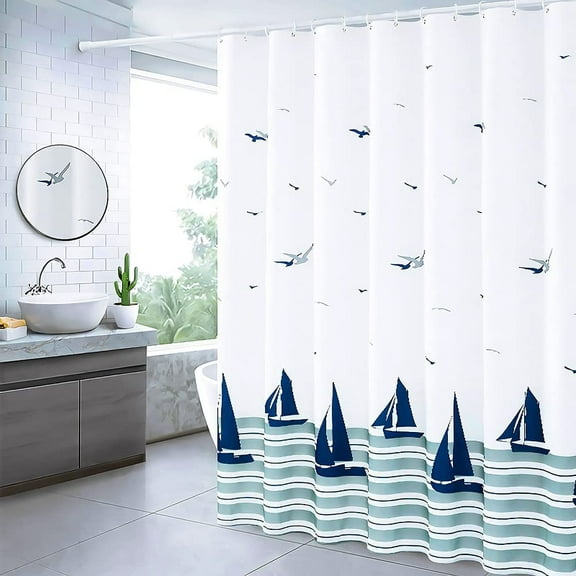 Nautical Coastal Waterproof Shower Curtain with Hooks, Home Fabric Shower Curtain for Bathroom, Sailboats 60"W x 72"L (Pack of 1)