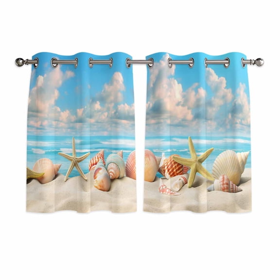 Nautical Coastal Window Curtains Panels with Silver Grommet,Summer Beach Shell Conch Starfish Blue Kitchen Cafe Curtain Draperies Window Treatment Set for Living Room/Bedroom/Bathroom/Cafe,84x45