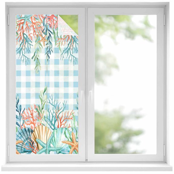 Nautical Coastal Window Privacy Film, Summer Beach Shell Coral Seaweed Blue Plaid Static Cling UV Sun Blocking Heat Control Window Tint Day and Night, Non-Adhesive One Way Privacy Cover 19.6''x39.3''