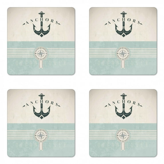 Nautical Coaster Set of 4, Vintage Marine Design for Ocean Lovers Anchor Compass and Stripes, Square Hardboard Gloss Coasters, Standard Size, Seafoam Black Beige, by Ambesonne
