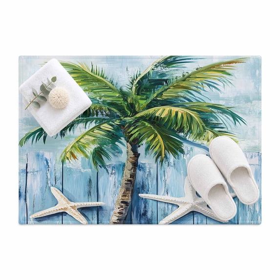 Nautical Coconut Tree Area Rug 2'x3', Blue Wood Grain Mat Non-Slip ...