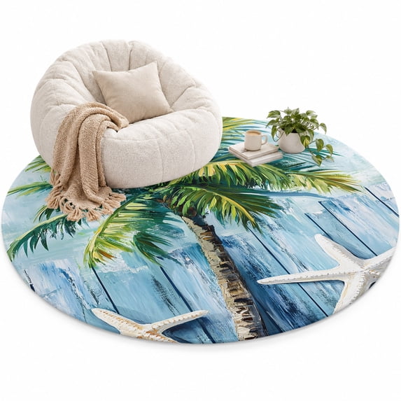 Nautical Coconut Tree Area Rug 4', Blue Wood Grain Soft Mat Non-Slip ...