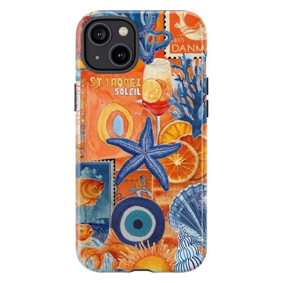 Nautical Collage Phone Case, Blue Orange Starfish Shell Cover for iPhone 17 16 15 14 13 12 11 Pro Plus Mini