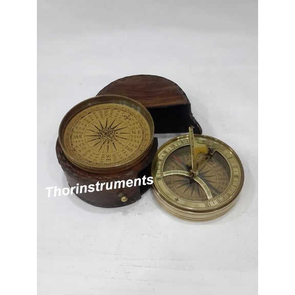 Nautical Collectible Antique Brass Compass Decorative Gift Red Leather Case
