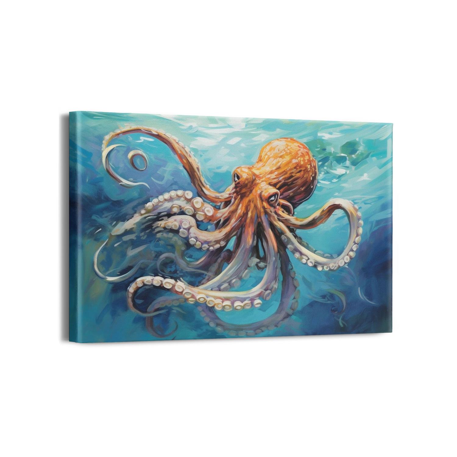Nautical Colorful Blue Octopus Under The Sea Canvas Wall Decor Ocean